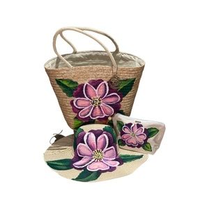 Floral Hand Painted Beach Bag with Matching Hat & Makeup Bag !